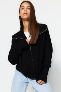 Oversized Draped Collar Zip-Up Knit Cardigan