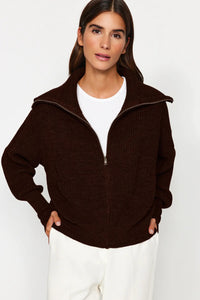 Oversized Draped Collar Zip-Up Knit Cardigan