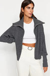 Oversized Draped Collar Zip-Up Knit Cardigan