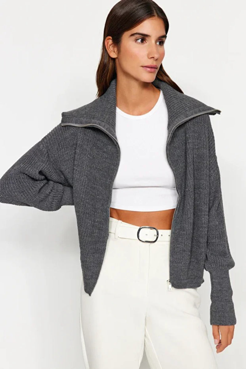 Oversized Draped Collar Zip-Up Knit Cardigan