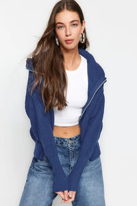 Oversized Draped Collar Zip-Up Knit Cardigan