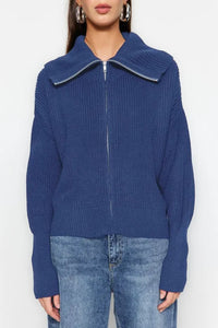 Oversized Draped Collar Zip-Up Knit Cardigan