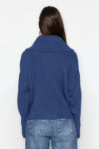 Oversized Draped Collar Zip-Up Knit Cardigan