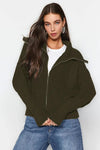 Oversized Draped Collar Zip-Up Knit Cardigan
