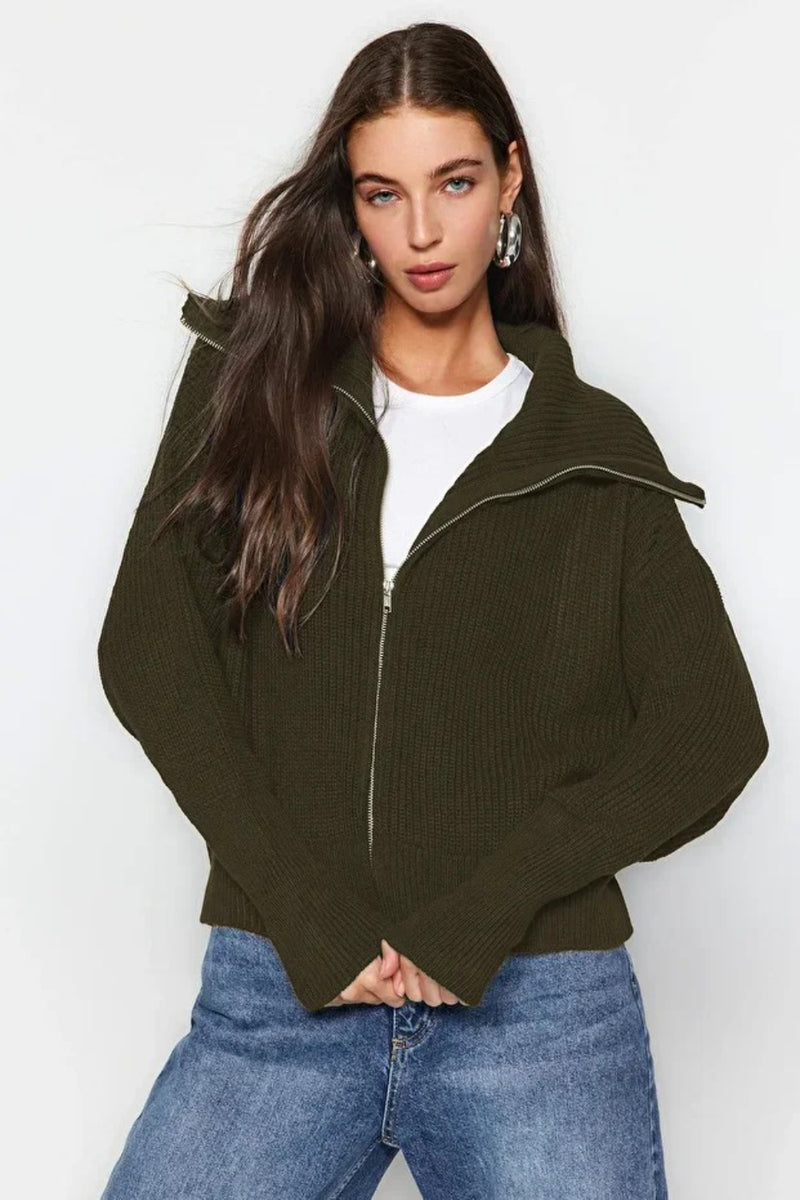 Oversized Draped Collar Zip-Up Knit Cardigan