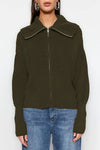 Oversized Draped Collar Zip-Up Knit Cardigan