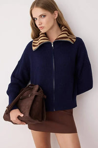 Oversized Draped Collar Zip-Up Knit Cardigan