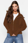 Oversized Draped Collar Zip-Up Knit Cardigan
