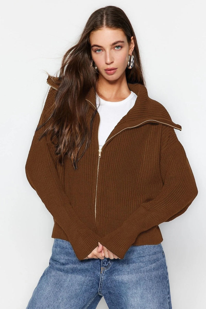 Oversized Draped Collar Zip-Up Knit Cardigan