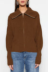 Oversized Draped Collar Zip-Up Knit Cardigan