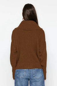 Oversized Draped Collar Zip-Up Knit Cardigan