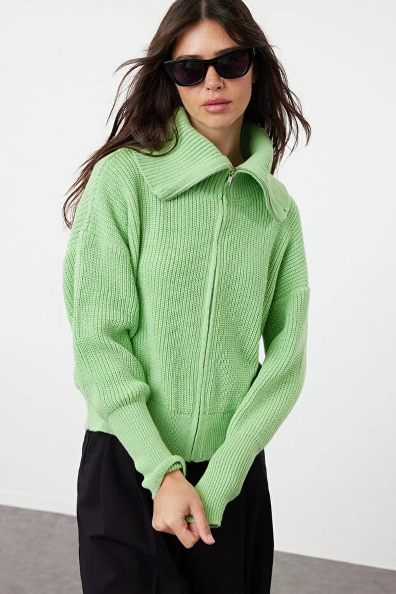 Oversized Draped Collar Zip-Up Knit Cardigan