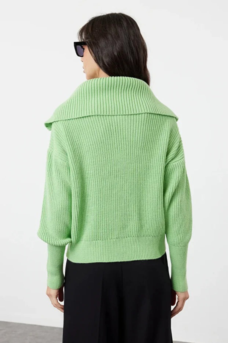Oversized Draped Collar Zip-Up Knit Cardigan