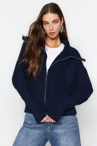 Oversized Draped Collar Zip-Up Knit Cardigan