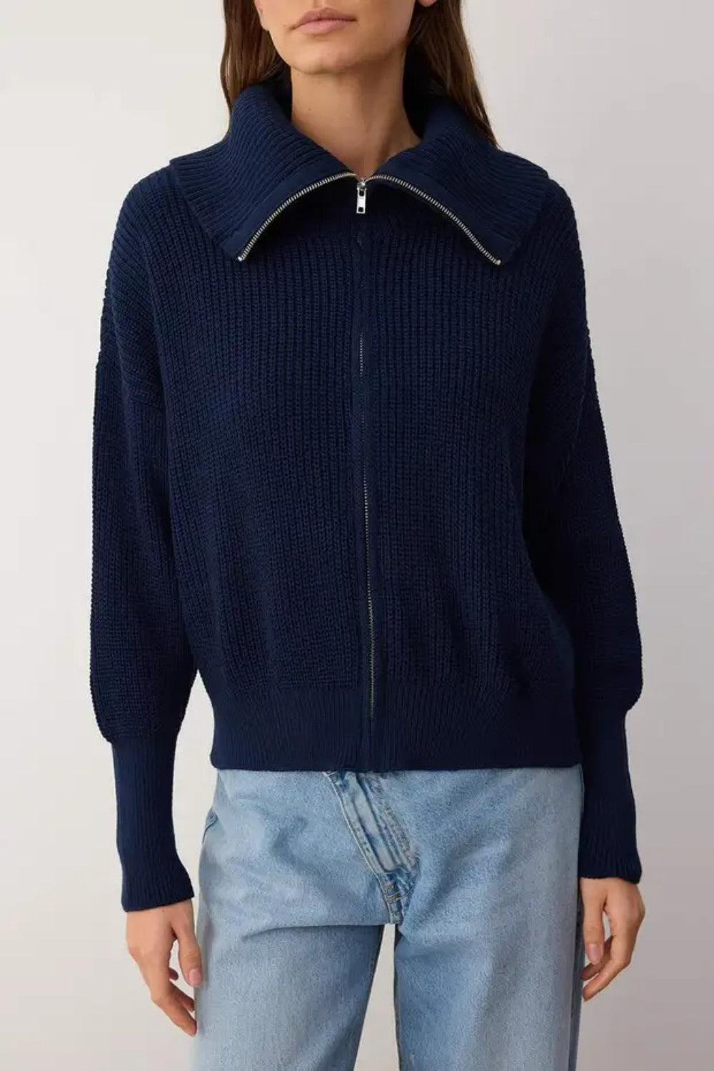Oversized Draped Collar Zip-Up Knit Cardigan