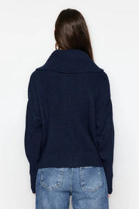 Oversized Draped Collar Zip-Up Knit Cardigan