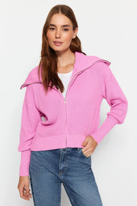 Oversized Draped Collar Zip-Up Knit Cardigan