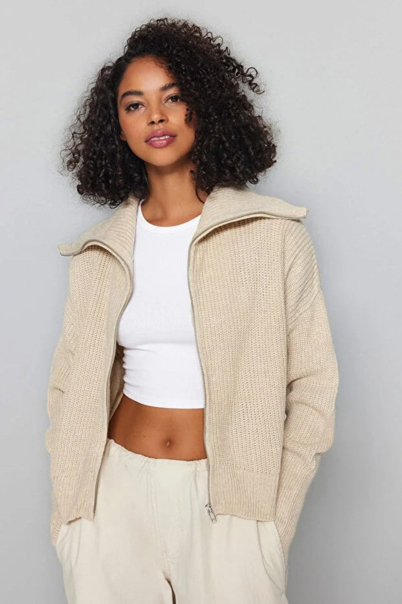 Oversized Draped Collar Zip-Up Knit Cardigan