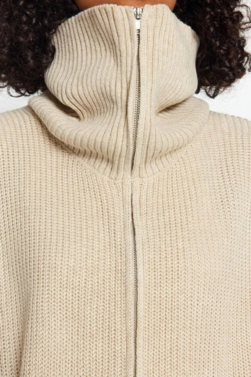 Oversized Draped Collar Zip-Up Knit Cardigan
