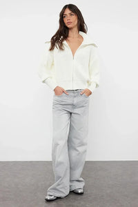 Oversized Draped Collar Zip-Up Knit Cardigan