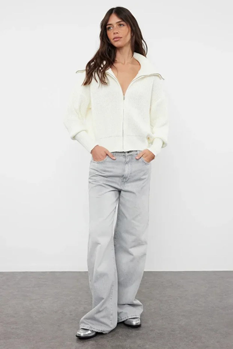 Oversized Draped Collar Zip-Up Knit Cardigan