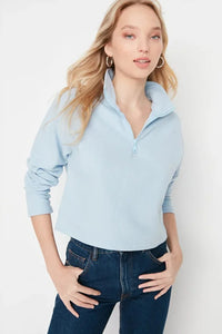Knitted-Look Zip Collar Regular Fit Sweatshirt