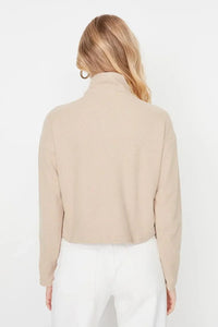 Knitted-Look Zip Collar Regular Fit Sweatshirt