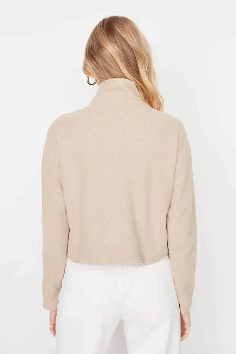 Knitted-Look Zip Collar Regular Fit Sweatshirt