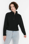 Knitted-Look Zip Collar Regular Fit Sweatshirt
