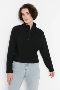 Knitted-Look Zip Collar Regular Fit Sweatshirt
