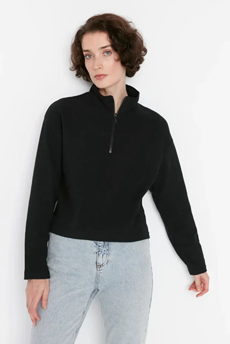 Knitted-Look Zip Collar Regular Fit Sweatshirt