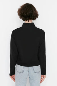 Knitted-Look Zip Collar Regular Fit Sweatshirt