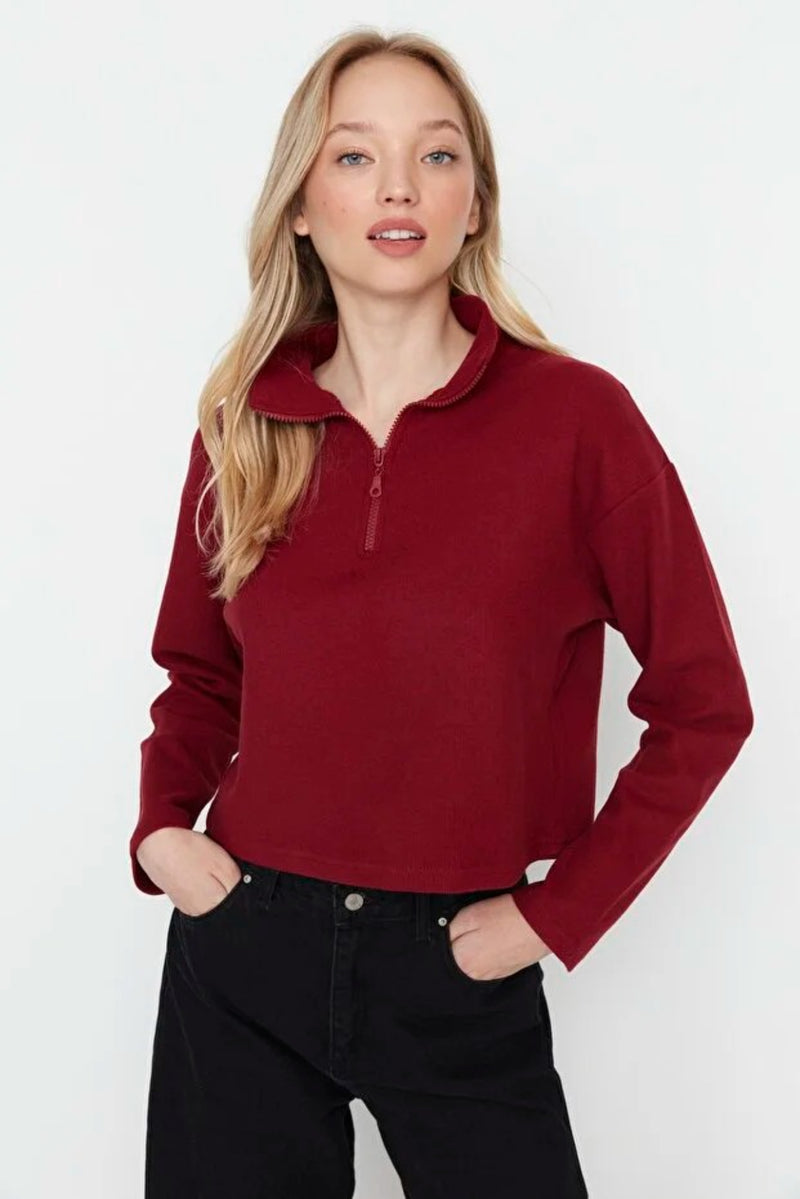 Knitted-Look Zip Collar Regular Fit Sweatshirt