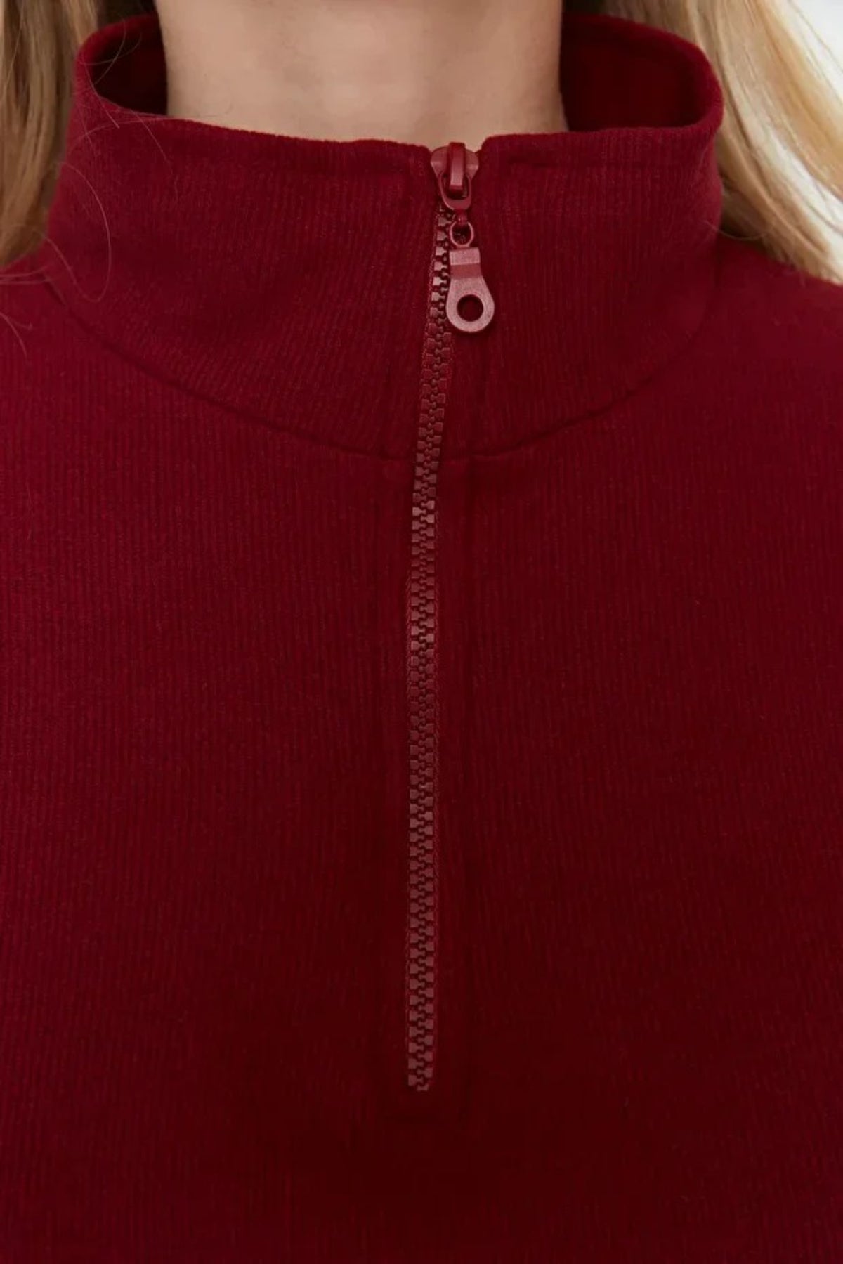 Knitted-Look Zip Collar Regular Fit Sweatshirt