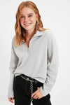 Knitted-Look Zip Collar Regular Fit Sweatshirt