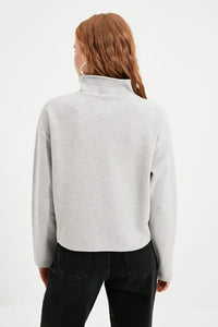 Knitted-Look Zip Collar Regular Fit Sweatshirt