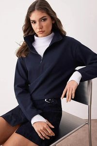 Knitted-Look Zip Collar Regular Fit Sweatshirt