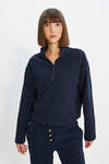 Knitted-Look Zip Collar Regular Fit Sweatshirt