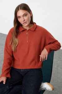 Knitted-Look Zip Collar Regular Fit Sweatshirt