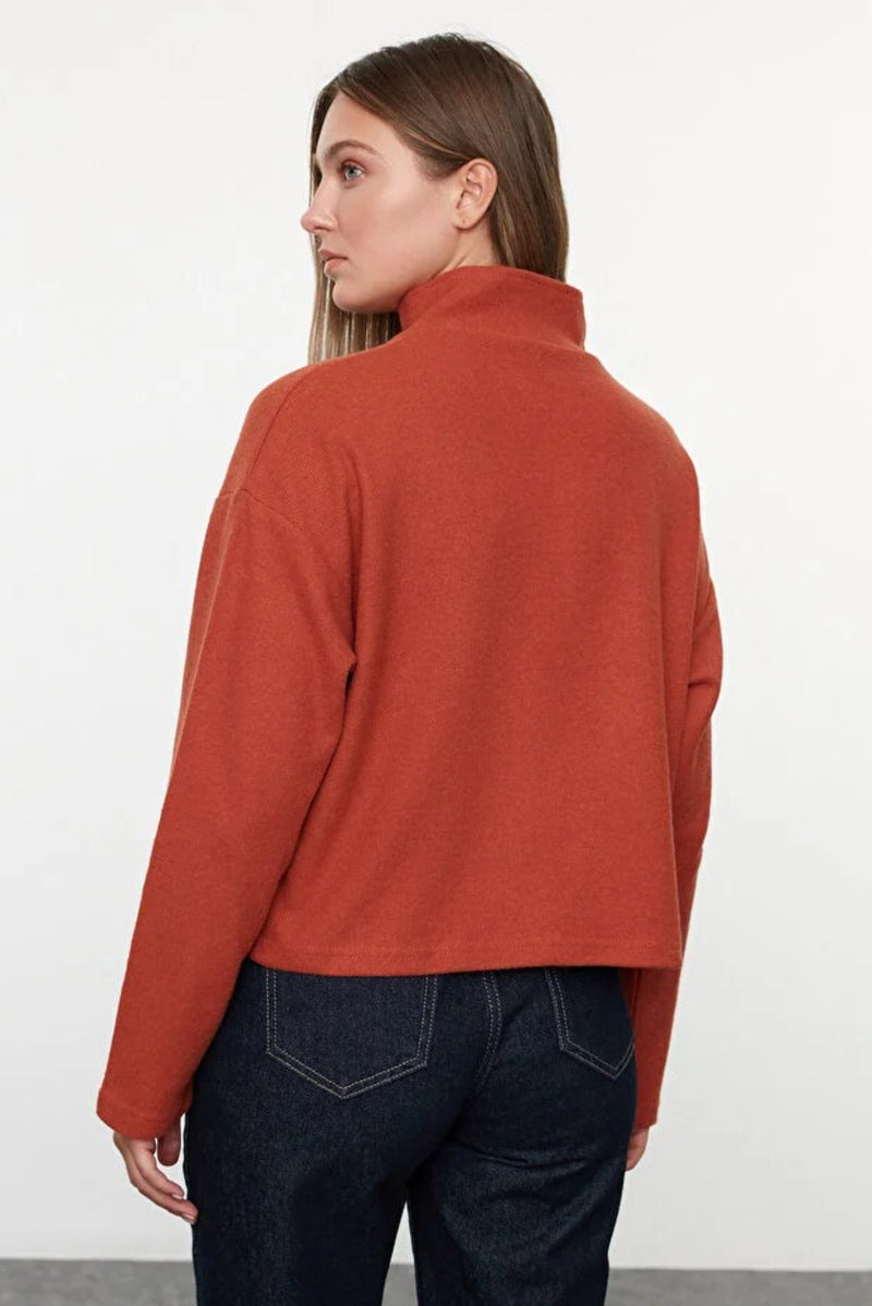 Knitted-Look Zip Collar Regular Fit Sweatshirt