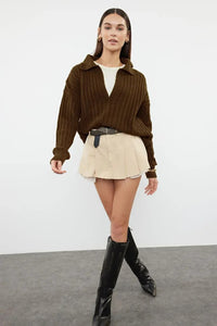 Soft-Textured Viscose Polo Neck Knit Sweater