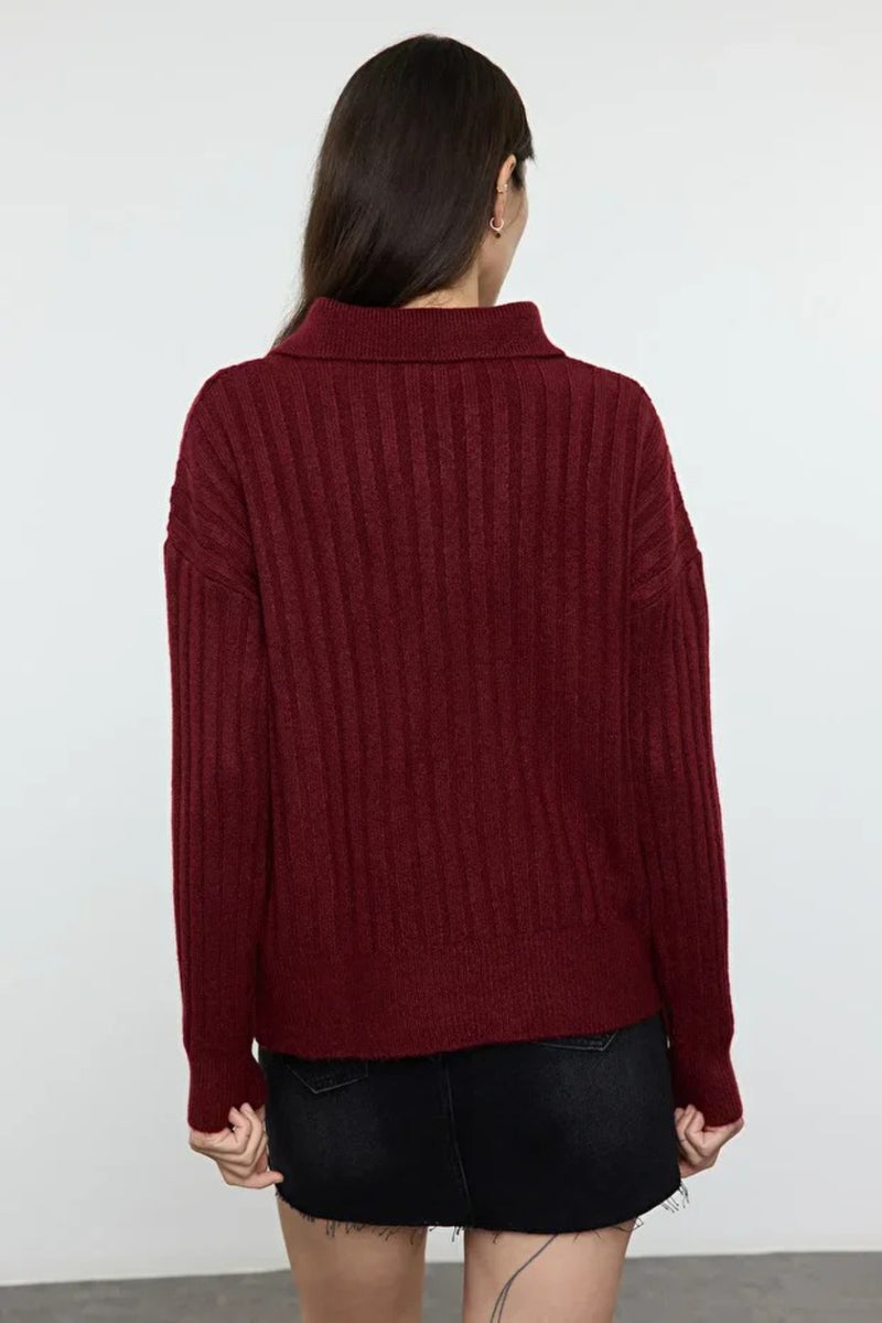 Soft-Textured Viscose Polo Neck Knit Sweater