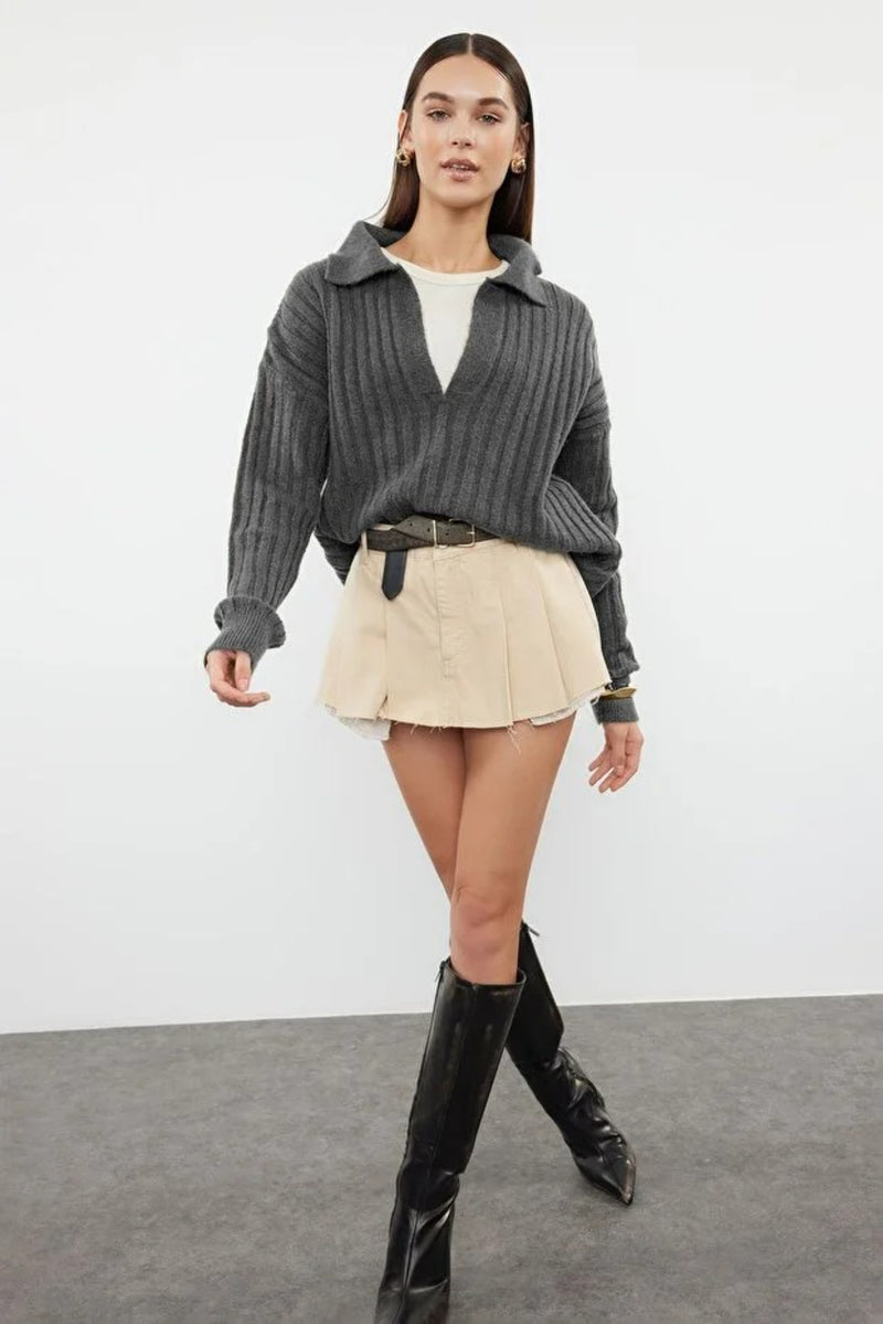 Soft-Textured Viscose Polo Neck Knit Sweater