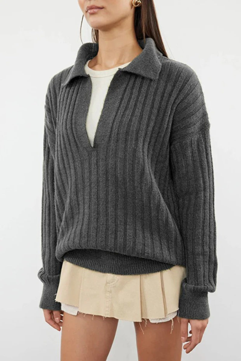 Soft-Textured Viscose Polo Neck Knit Sweater