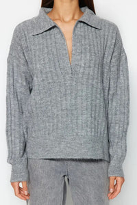 Soft-Textured Viscose Polo Neck Knit Sweater