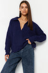 Soft-Textured Viscose Polo Neck Knit Sweater