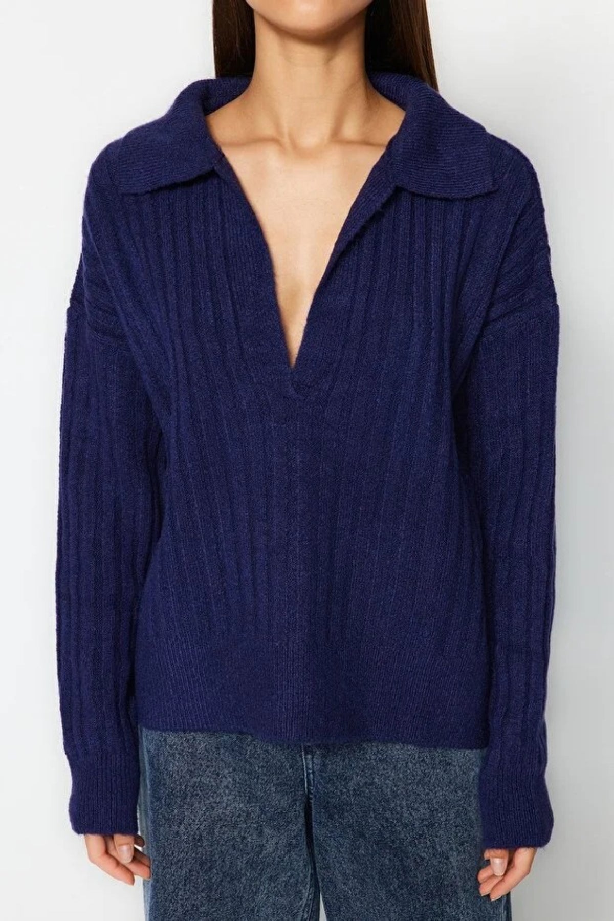 Soft-Textured Viscose Polo Neck Knit Sweater