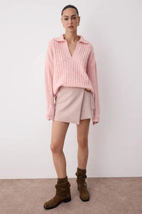 Soft-Textured Viscose Polo Neck Knit Sweater