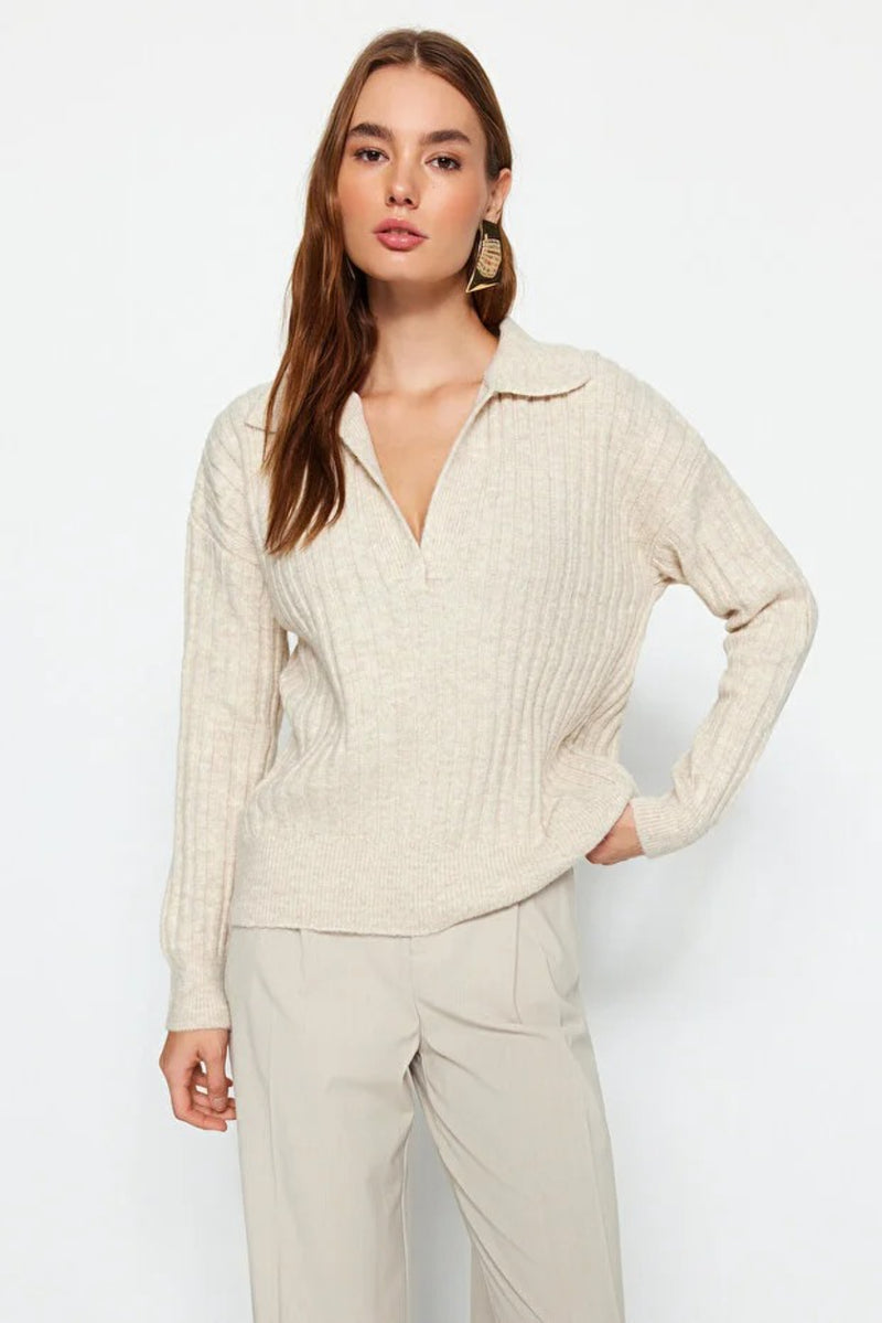 Soft-Textured Viscose Polo Neck Knit Sweater