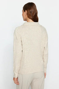 Soft-Textured Viscose Polo Neck Knit Sweater
